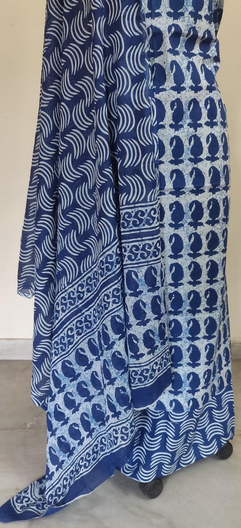 Blue Block Printed Cotton Suit with Mulmul Dupatta BP65 - Ethnic's By Anvi Creations