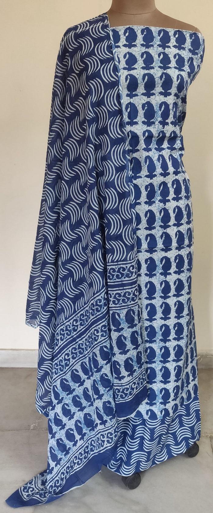 Blue Block Printed Cotton Suit with Mulmul Dupatta BP65 - Ethnic's By Anvi Creations