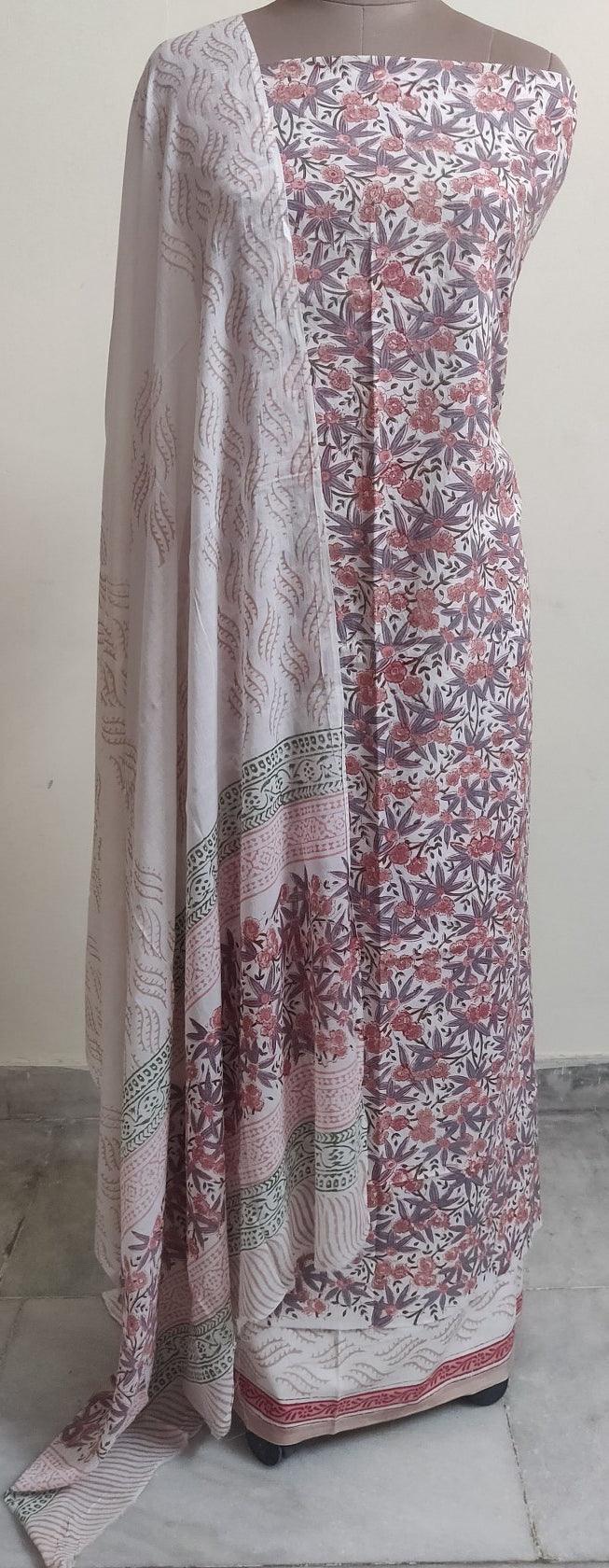OffWhite Block Printed Cotton Suit with Mulmul Dupatta BP67 - Ethnic's By Anvi Creations