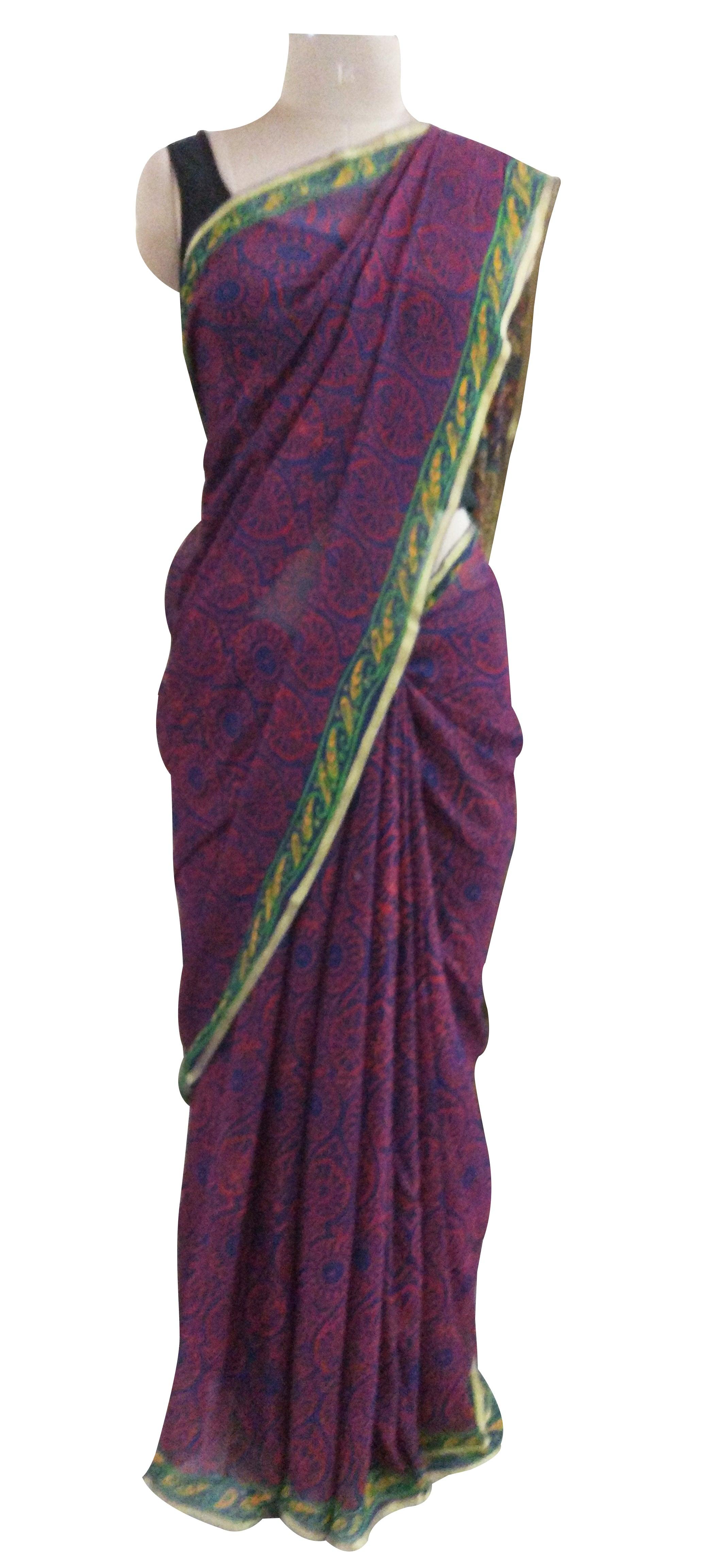 Purple Pure Chiffon Block Printed Saree BPC3-Anvi Creations-Handloom