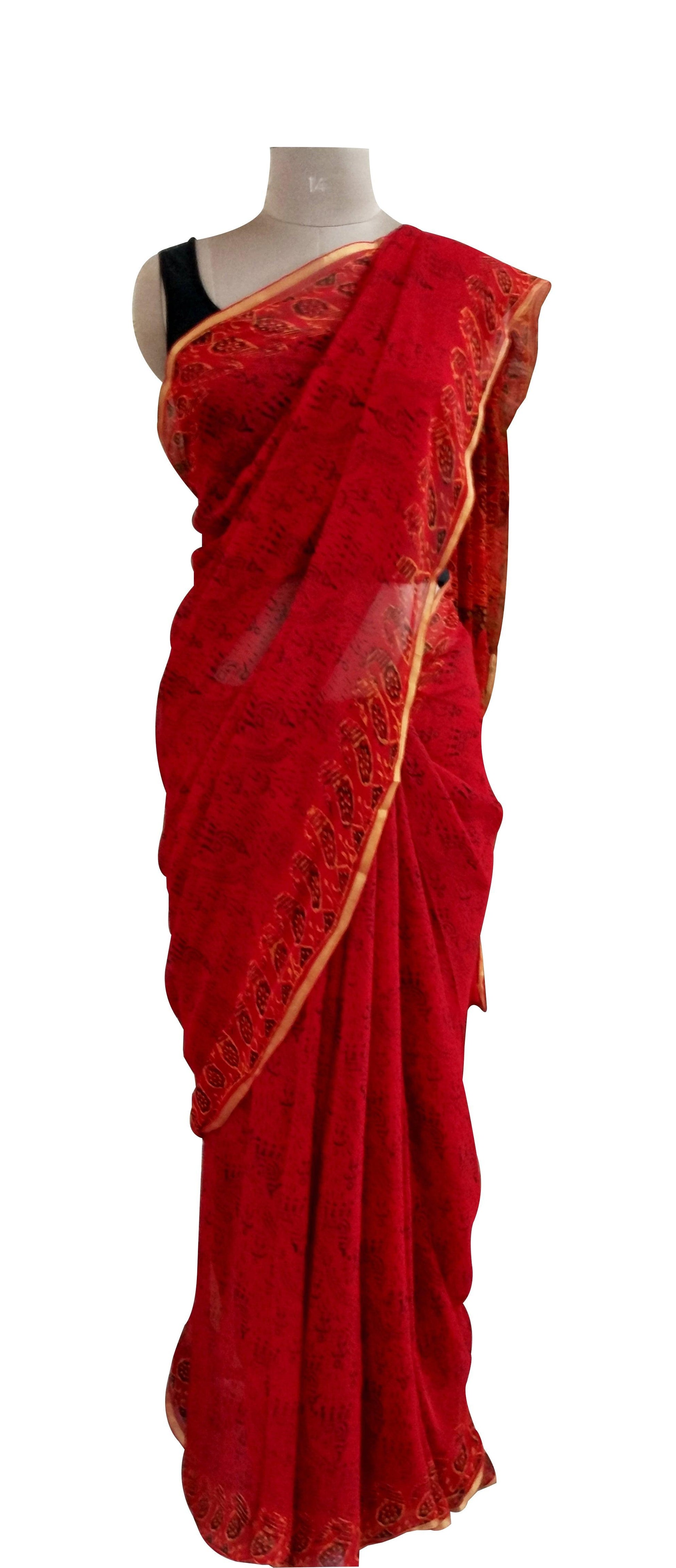 Red Pure Chiffon Block Printed Saree BPC4-Anvi Creations-Handloom
