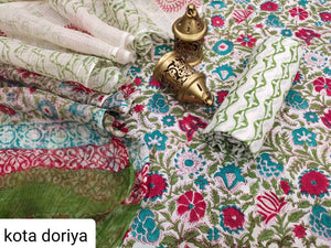 Exclusive Turquoise Multi Cotton Salwar Kameez Dress Material with Kota Dupatta BPK05 - Ethnic's By Anvi Creations