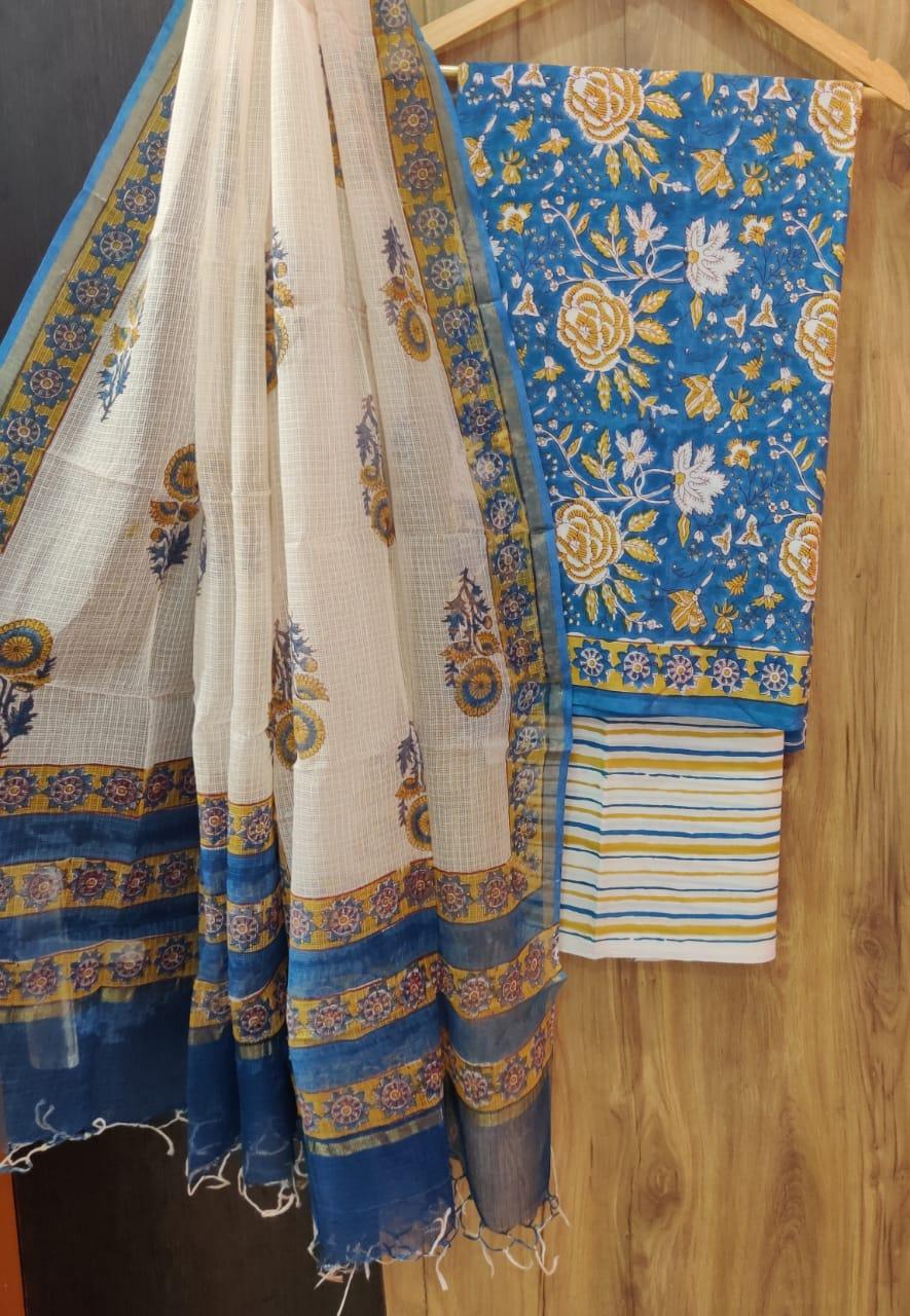 Exclusive Blue Cotton Salwar Kameez Dress Material with Kota Dupatta BPK14 - Ethnic's By Anvi Creations