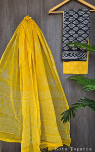 Exclusive Yellow Black Cotton Salwar Kameez Dress Material with Kota Dupatta BPK16 - Ethnic's By Anvi Creations