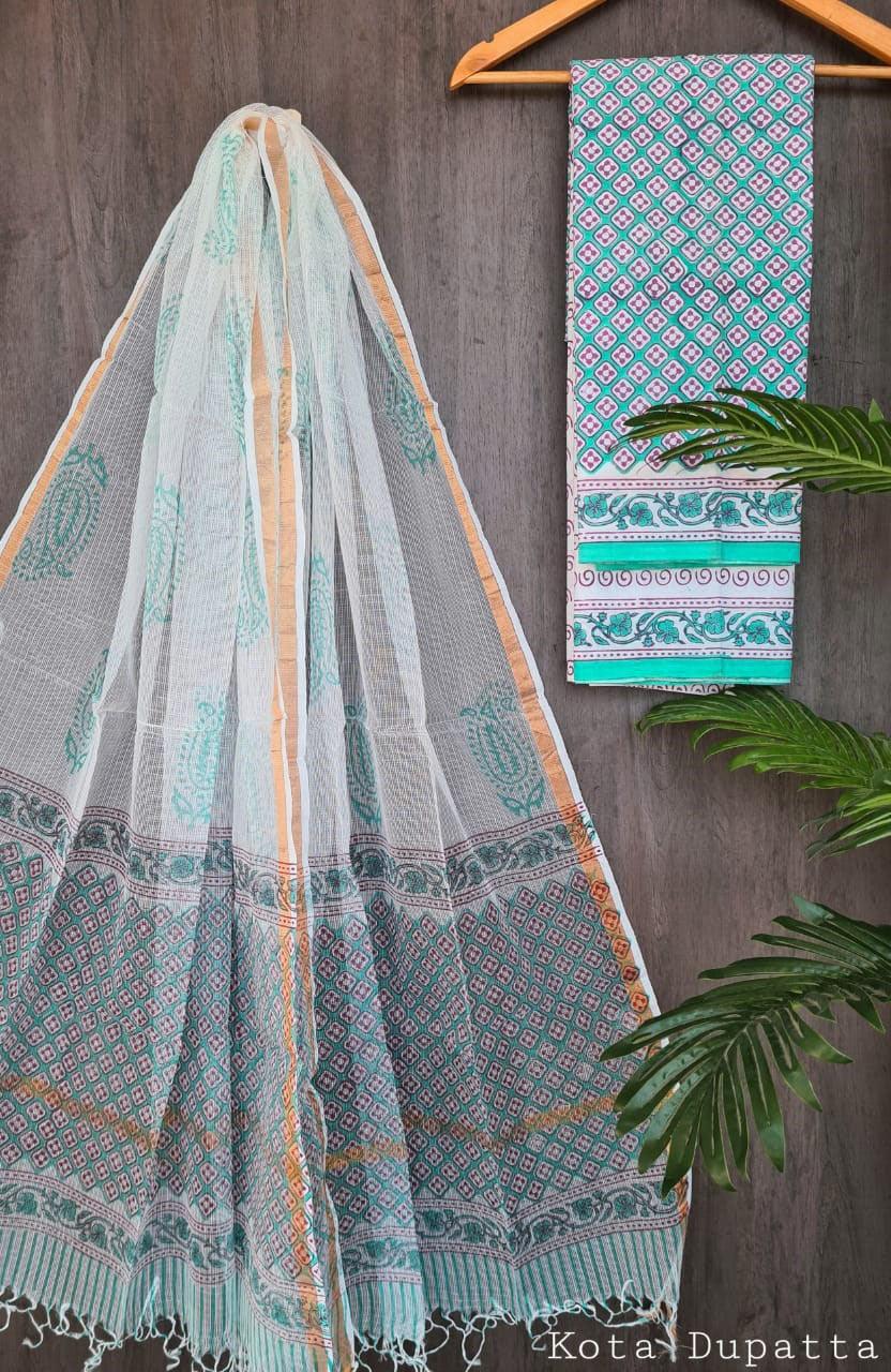 Exclusive Turquoise Green Cotton Salwar Kameez Dress Material with Kota Dupatta BPK17 - Ethnic's By Anvi Creations