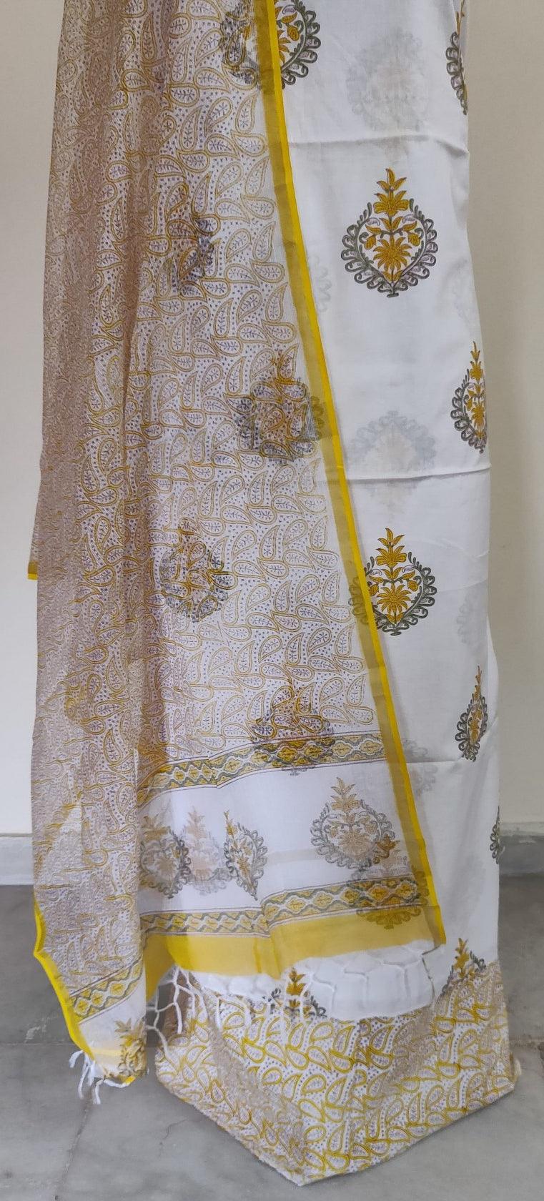 White Block Printed Suit with Kota Dupatta BPK26 - Ethnic's By Anvi Creations