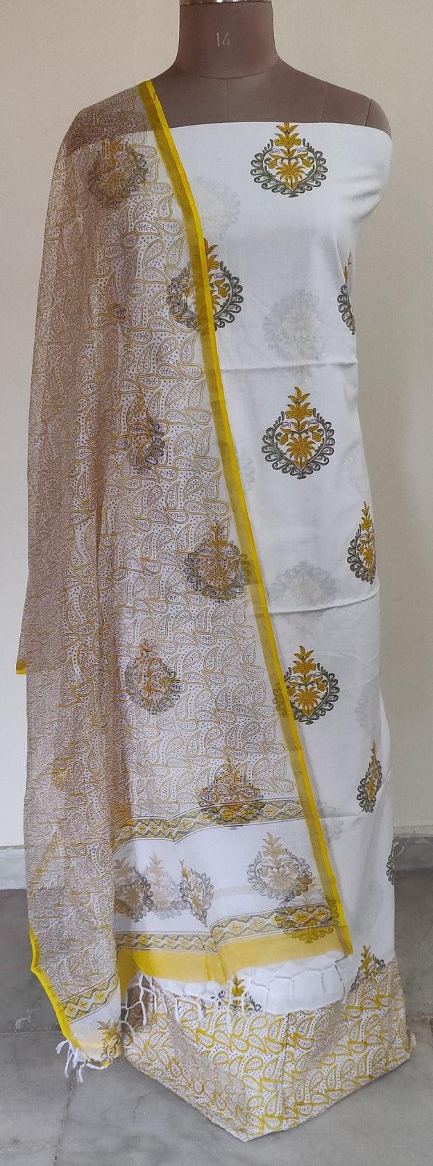 White Block Printed Suit with Kota Dupatta BPK26 - Ethnic's By Anvi Creations