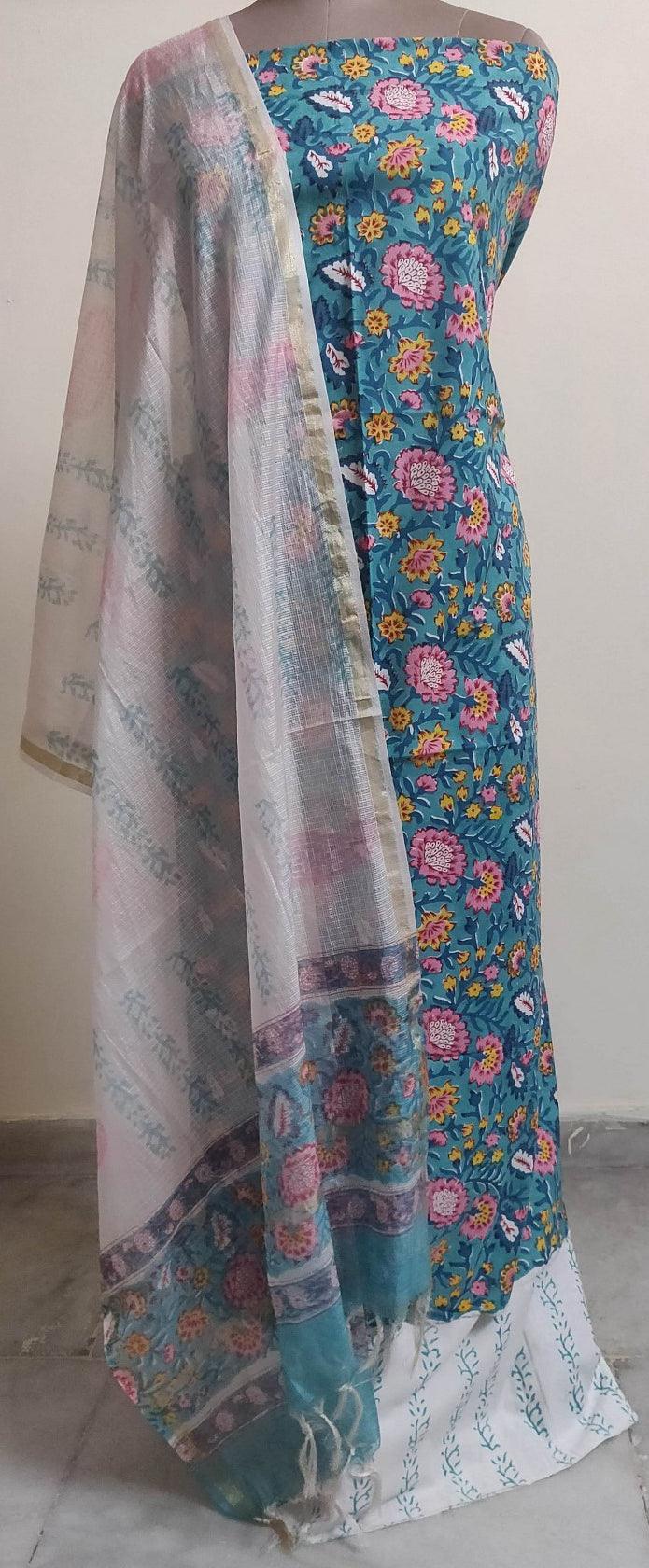 Turquoise Block Printed Suit with Kota Dupatta BPK30 - Ethnic's By Anvi Creations