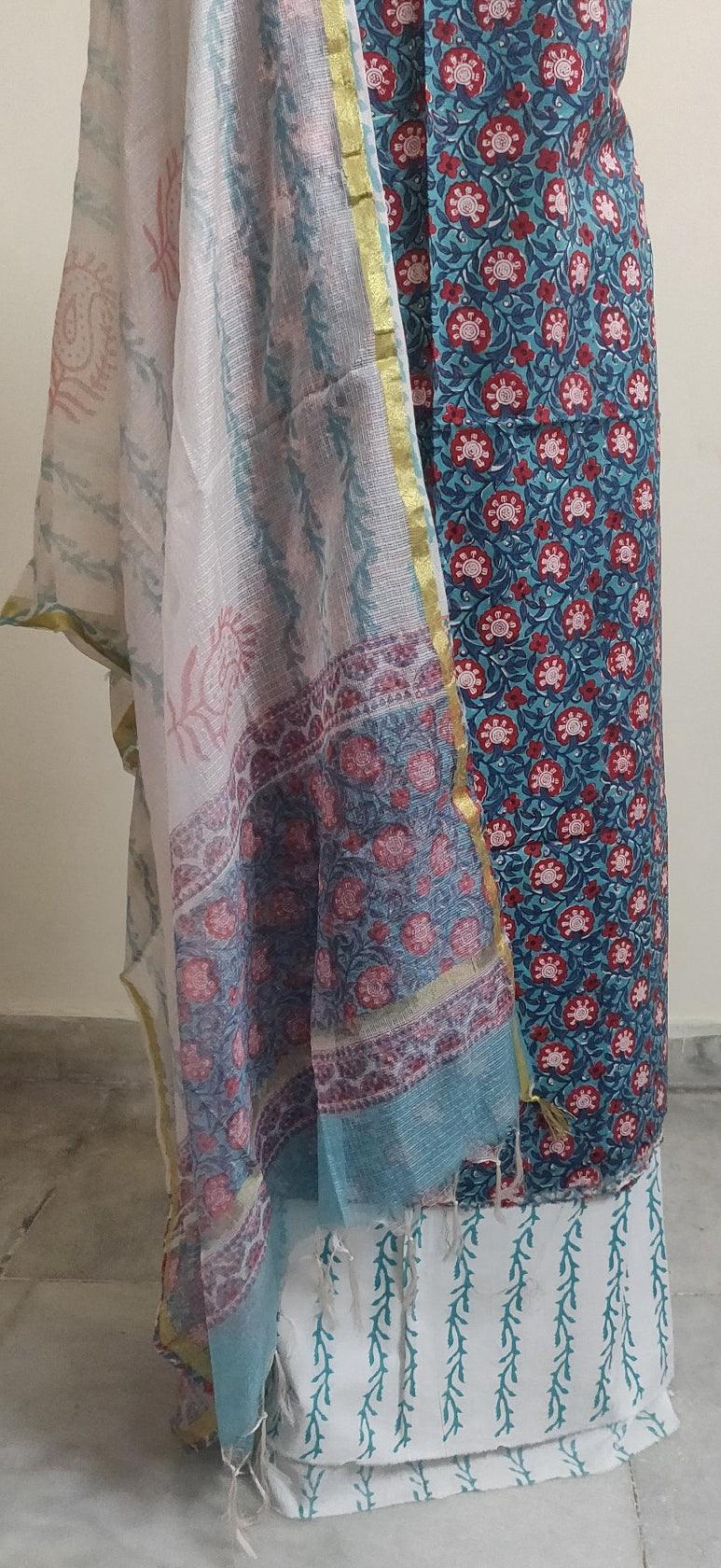 Turquoise Green Block Printed Suit with Kota Dupatta BPK33 - Ethnic's By Anvi Creations