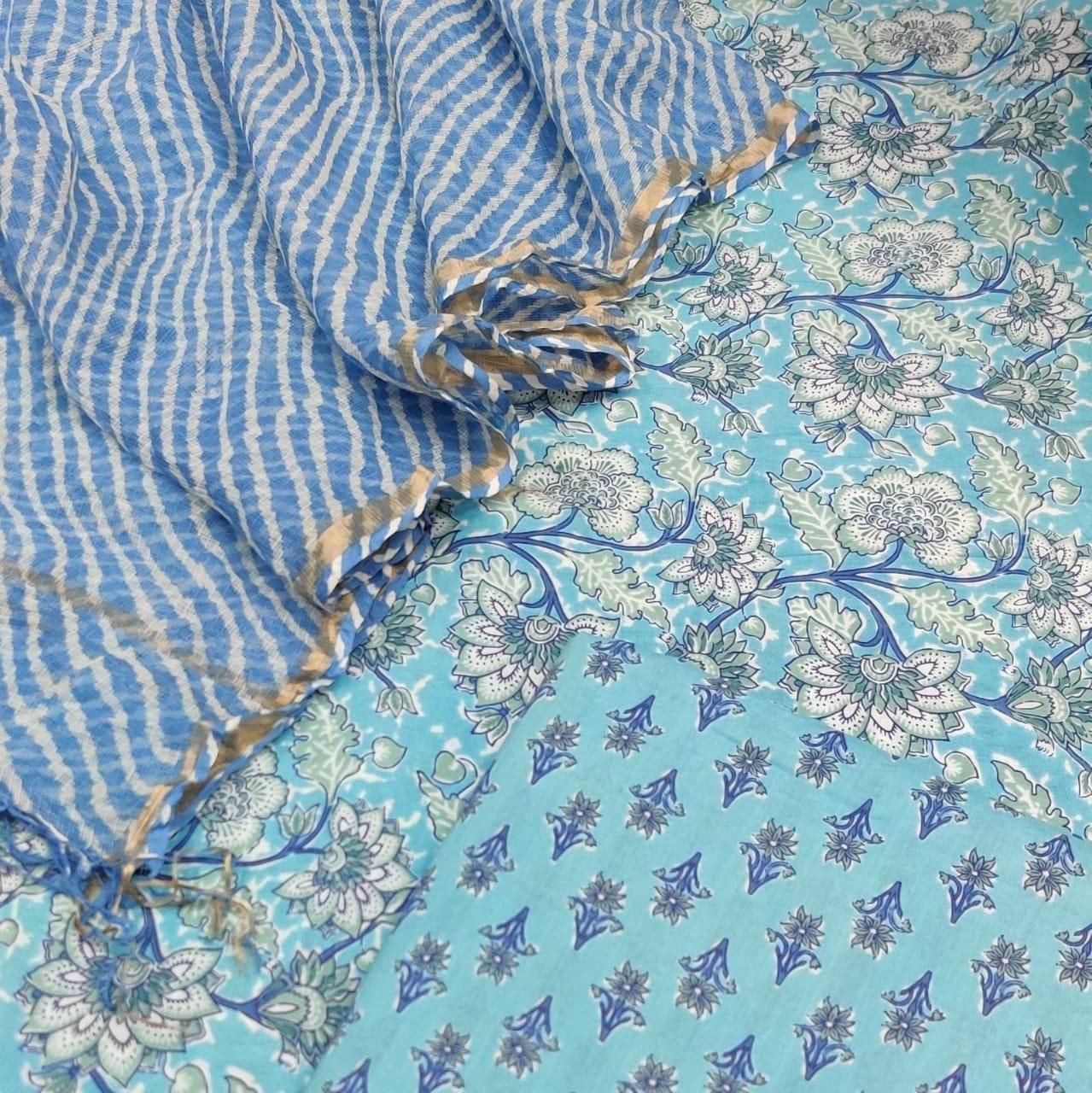 Light Blue Block Printed Suit with Lehariya Kota Dupatta BPK35 - Ethnic's By Anvi Creations