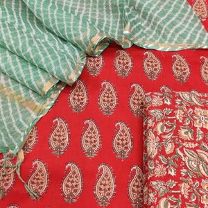 Red Block Printed Suit with Lehariya Kota Dupatta BPK36 - Ethnic's By Anvi Creations