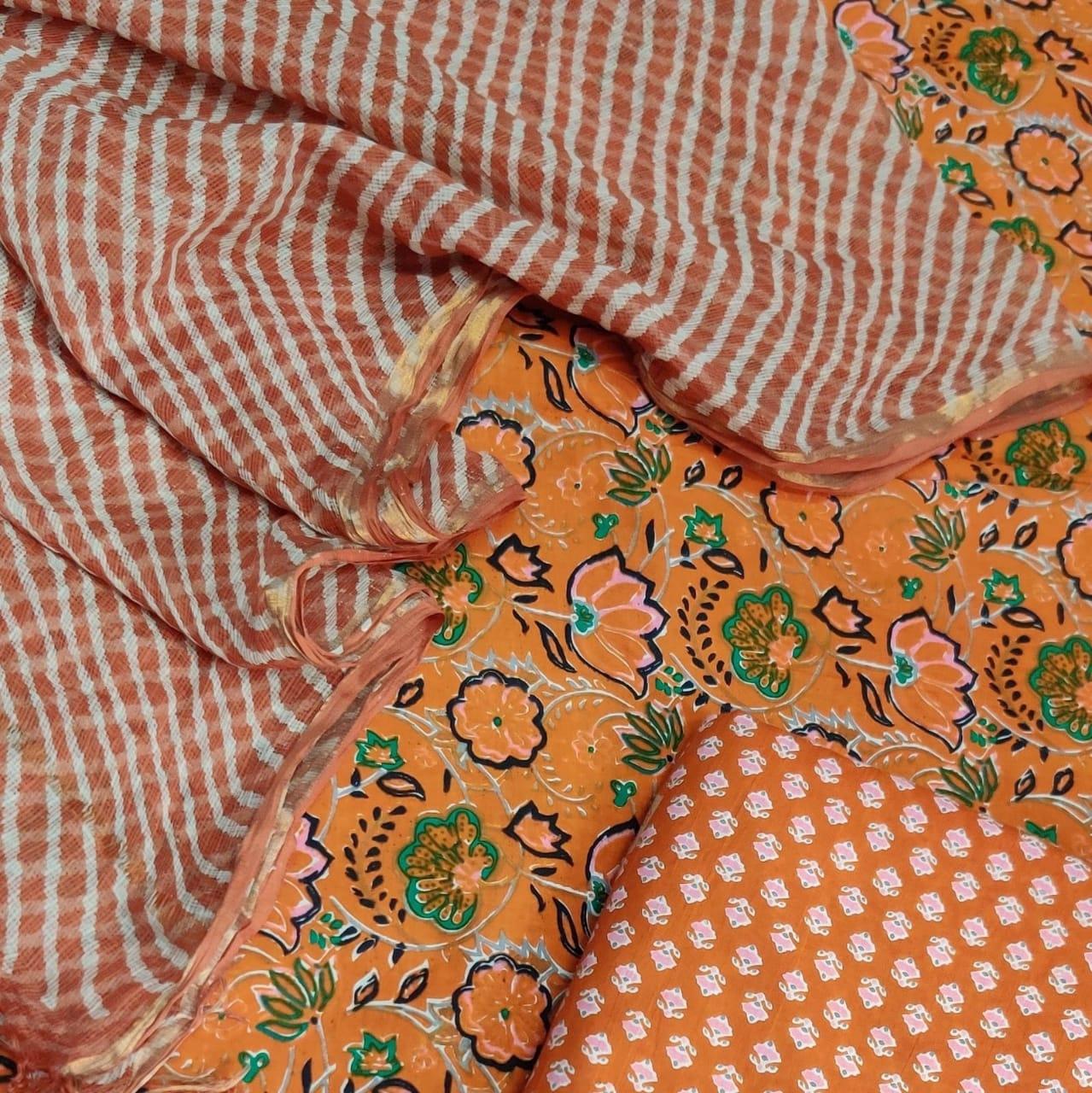 Orange Block Printed Suit with Lehariya Kota Dupatta BPK38 - Ethnic's By Anvi Creations