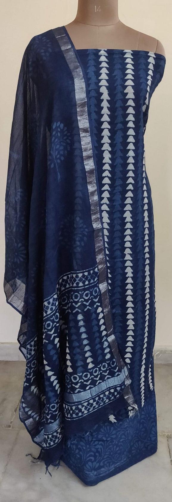 Indigo Blue Block Printed Linen Cotton Suit BPL01 - Ethnic's By Anvi Creations