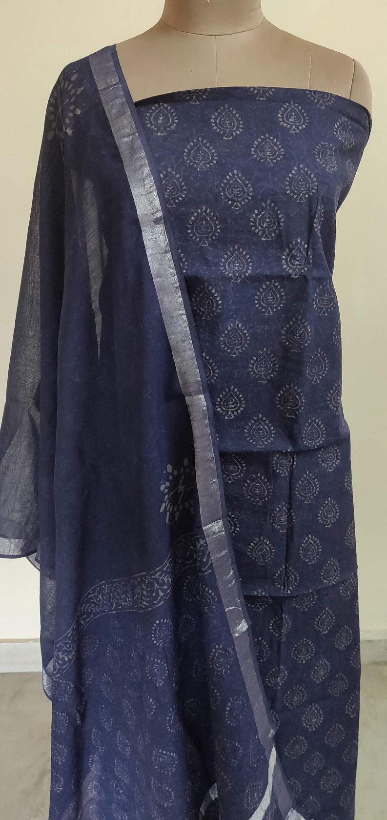 Navy Blue Block Printed Linen Cotton Suit BPL03 - Ethnic's By Anvi Creations