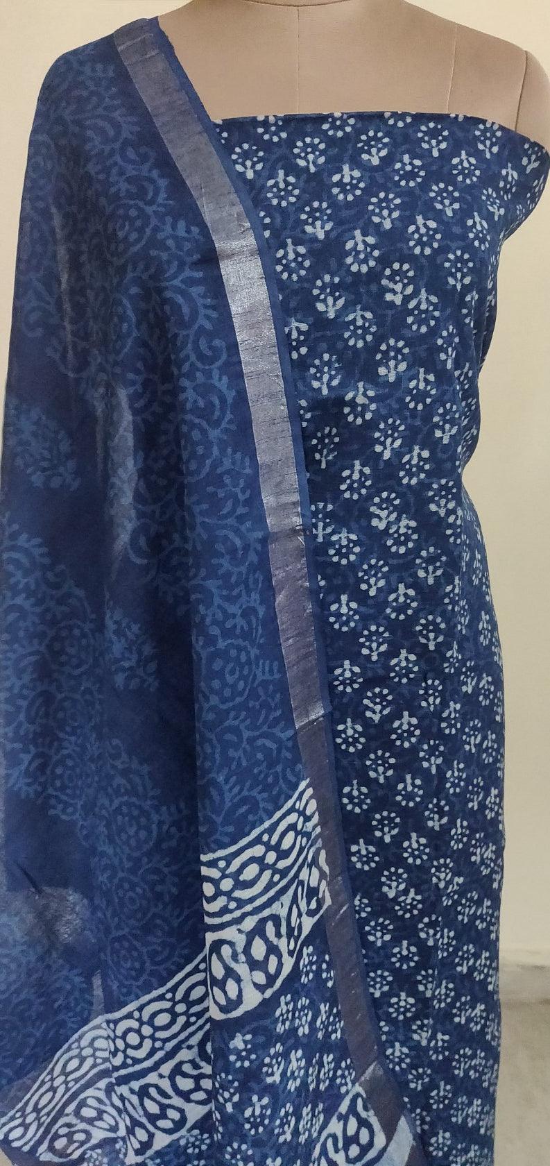 Indigo Blue Block Printed Linen Cotton Suit BPL05 - Ethnic's By Anvi Creations