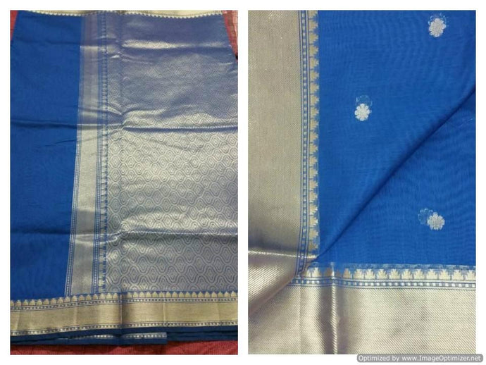 Blue Banarasi Cotton Silk Saree with Running Blouse Fabric BS18 - Ethnic's By Anvi Creations