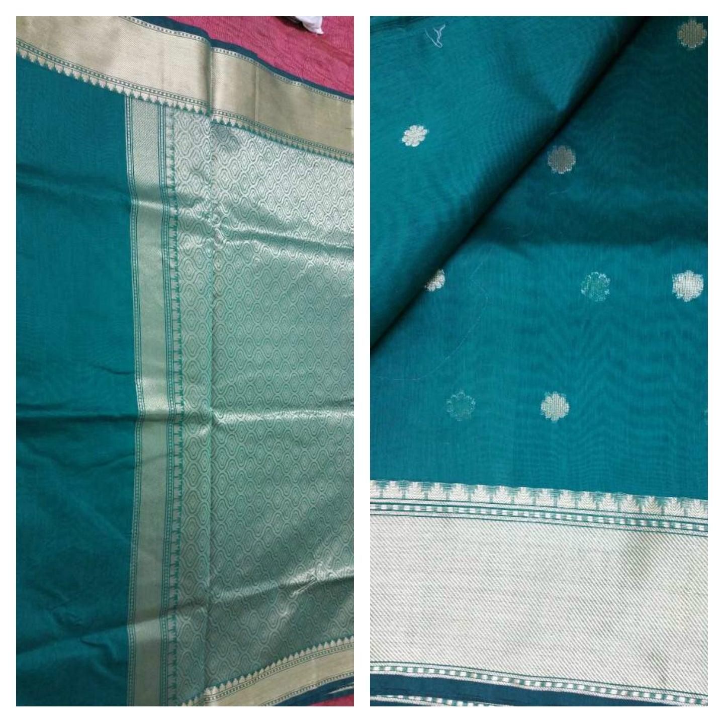 Turquoise Banarasi Cotton Silk Saree with Running Blouse Fabric BS20 - Ethnic's By Anvi Creations