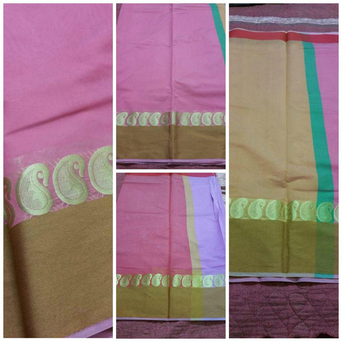 Pink Banarasi Cotton Silk Saree with Running Blouse Fabric BS25 - Ethnic's By Anvi Creations