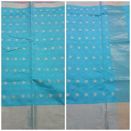 Firozi Blue Banarasi Cotton Silk Saree with Running Blouse Fabric BS30 - Ethnic's By Anvi Creations