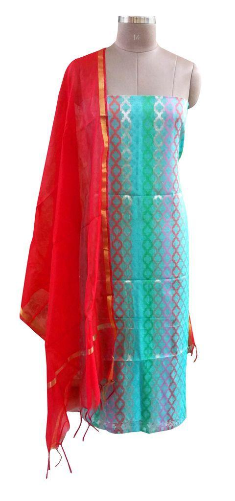 Designer Banarsi Green Cotton Silk Weaven Shalwar Kameez Dress Material BSD13-Anvi Creations-Salwar Kameez