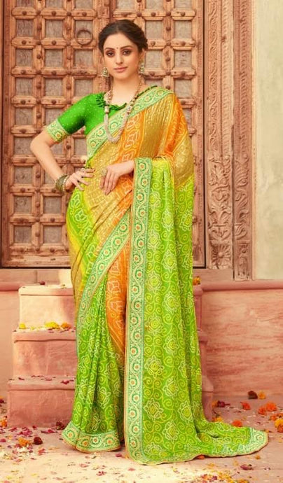 Lime Green Bandhej Bandhani Printed Saree BAN487 - Ethnic's By Anvi Creations
