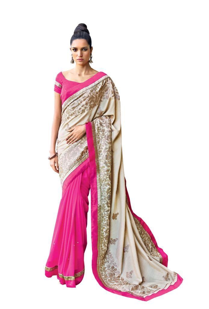 Designer Partywear Cream Pink Embroidered Georgette Satin Saree SC2571-Anvi Creations-Designer Saree