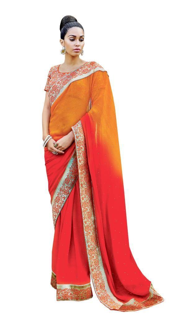 Designer Partywear Orange Red Embroidered Chiffon Saree SC2576-Anvi Creations-Designer Saree