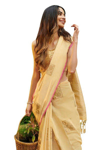 Yellow Zari Linen Cotton Saree BL2206-Anvi Creations-Linen Saree,Zari Linen Saree