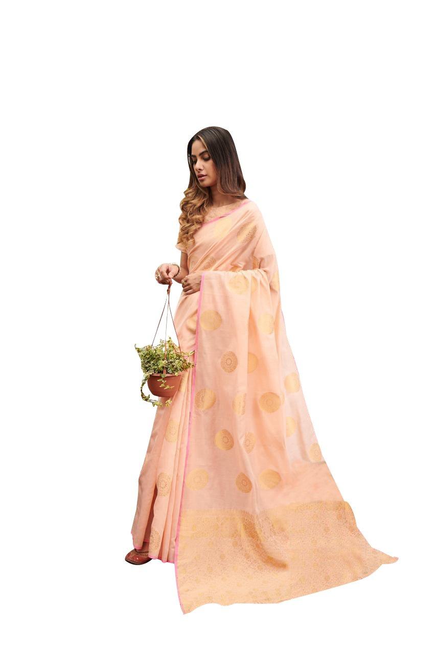 Peach Zari Linen Cotton Saree BL2207-Anvi Creations-Linen Saree,Zari Linen Saree