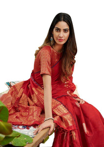 Designer Red Linen Silk Weaven Saree BL2209-Anvi Creations-Linen Saree,Zari Linen Saree