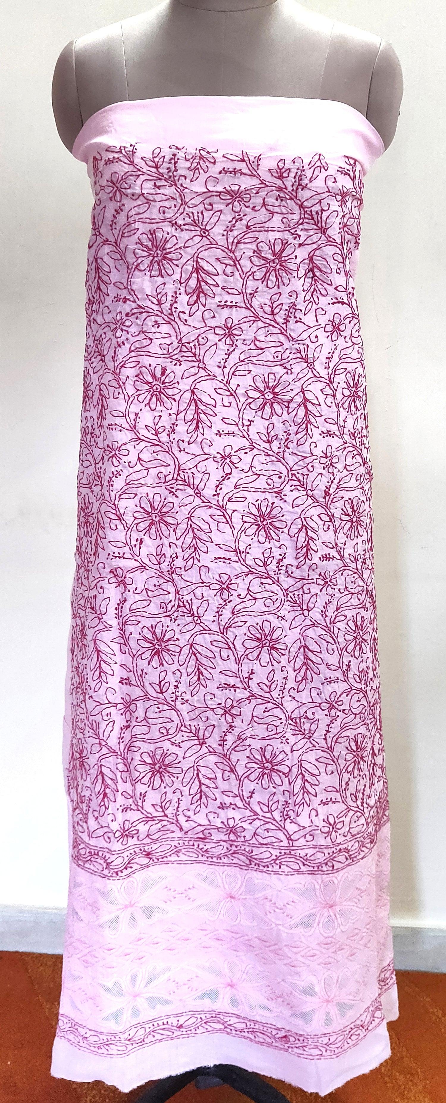 Designer Pink Cotton Chikankari Lakhnavi Embroidered Dress Material CH –  Ethnic's By Anvi Creations