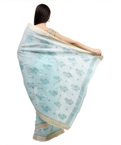 Turquoise Blue Paisley Chikankari Work handloom Cotton saree-Anvi Creations-Chikan Lakhnavi Saree