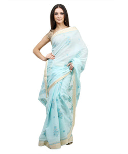Turquoise Blue Paisley Chikankari Work handloom Cotton saree-Anvi Creations-Chikan Lakhnavi Saree