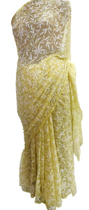 Lemon Yellow Tepchi Chikankari Chiffon Saree CK17-Anvi Creations-Chiffon Chikan Saree,Tepchi Work Saree