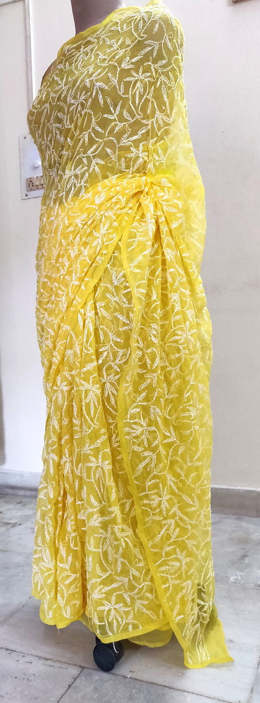 Yellow Tepchi Chikankari Chiffon Saree CK22-Anvi Creations-Chiffon Chikan Saree,Tepchi Work Saree