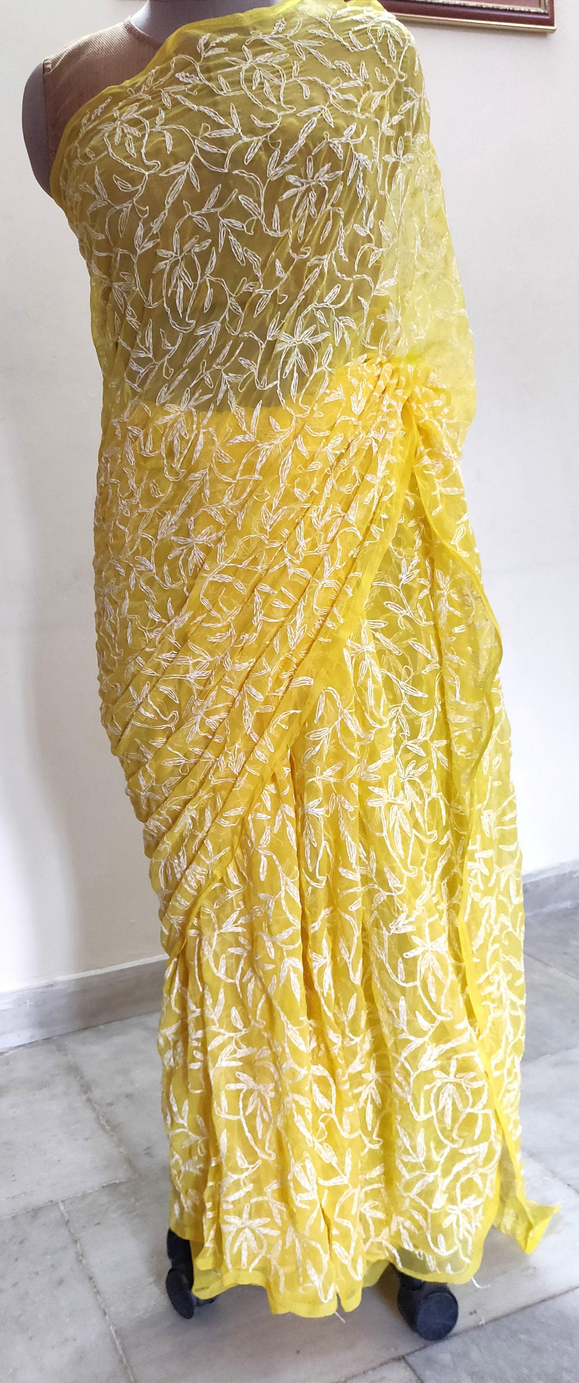 Yellow Tepchi Chikankari Chiffon Saree CK22-Anvi Creations-Chiffon Chikan Saree,Tepchi Work Saree