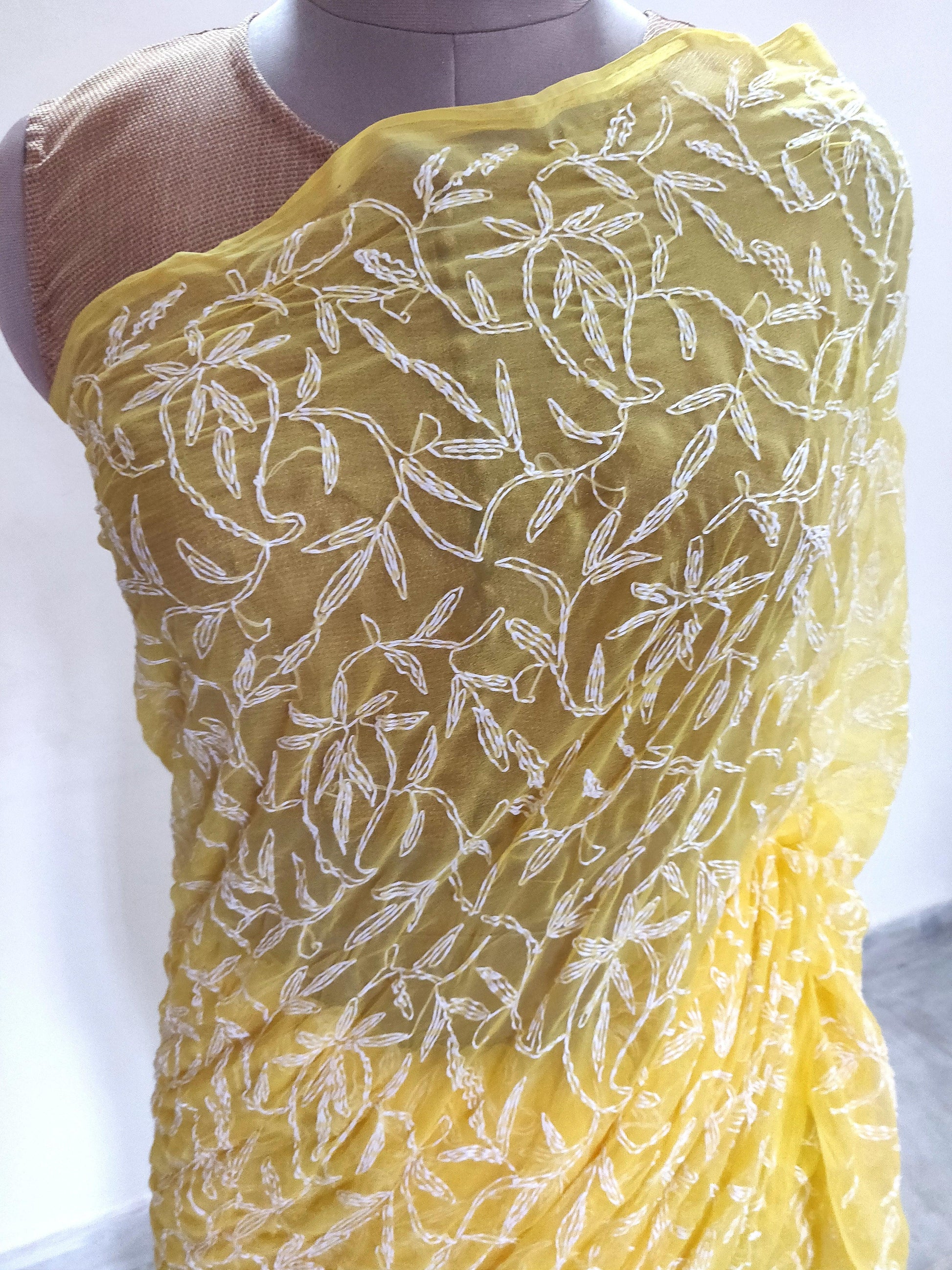 Yellow Tepchi Chikankari Chiffon Saree CK22-Anvi Creations-Chiffon Chikan Saree,Tepchi Work Saree