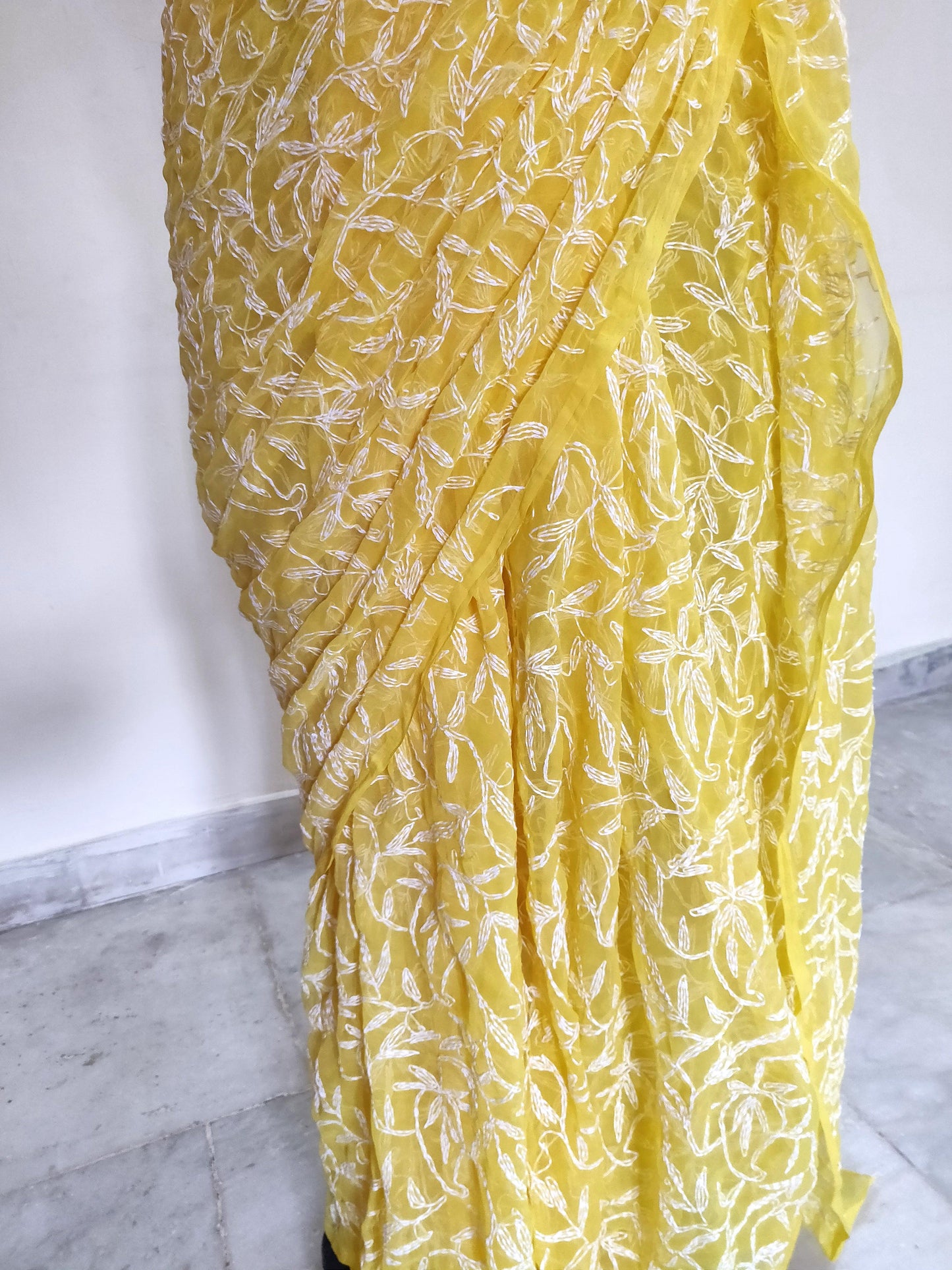 Yellow Tepchi Chikankari Chiffon Saree CK22-Anvi Creations-Chiffon Chikan Saree,Tepchi Work Saree