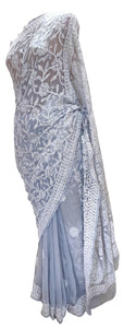 Hand Embroidered Heavy Chikankari Gray Chiffon Saree CK27-Anvi Creations-Chiffon Chikan Saree,Chikan Lakhnavi Saree