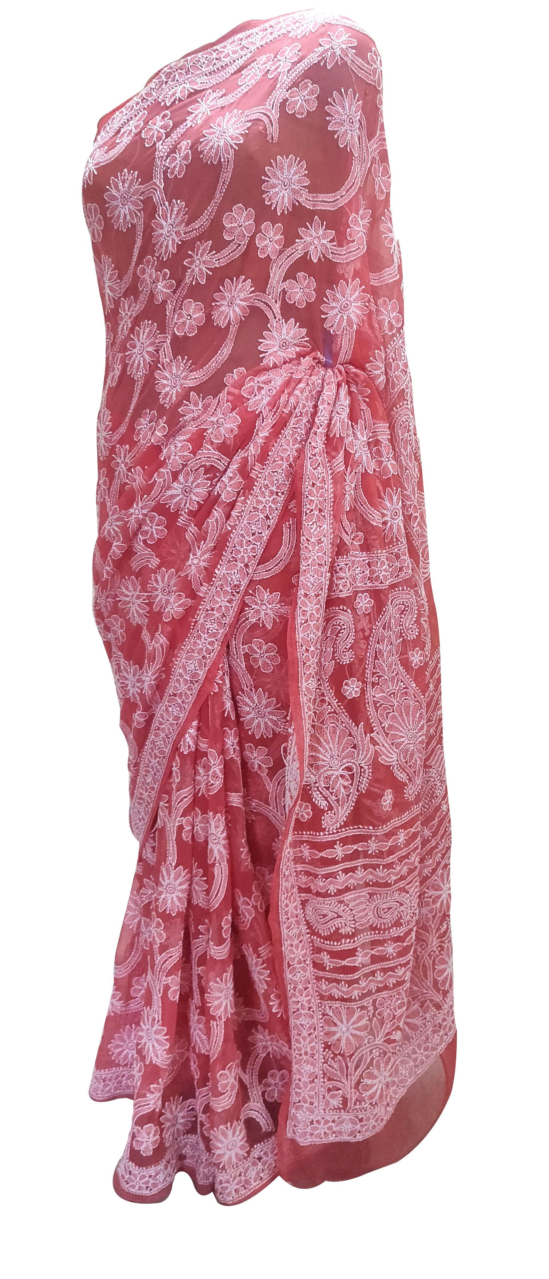 Hand Embroidered Heavy Chikankari Carrot Pink All Over Chiffon Saree CK34 - Ethnic's By Anvi Creations