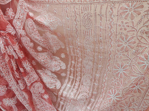 Hand Embroidered Heavy Chikankari Carrot Pink All Over Chiffon Saree CK34 - Ethnic's By Anvi Creations