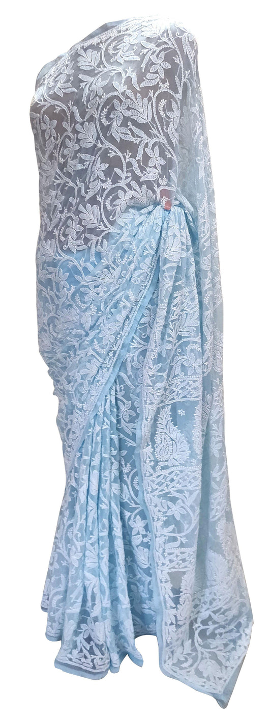 Hand Embroidered Heavy Chikankari Sky Blue All Over Chiffon Saree CK41 - Ethnic's By Anvi Creations