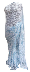Hand Embroidered Heavy Chikankari Sky Blue All Over Chiffon Saree CK41 - Ethnic's By Anvi Creations