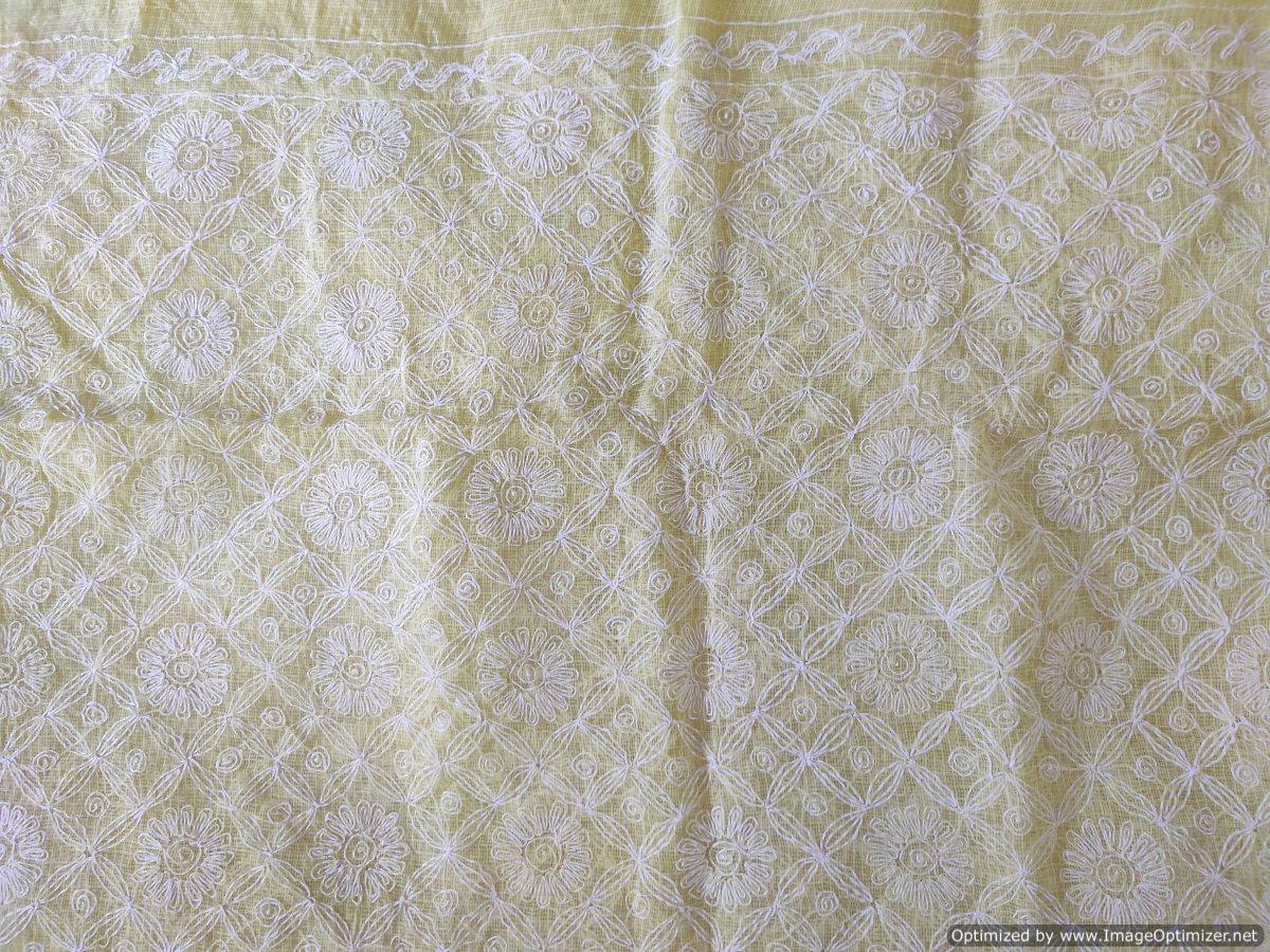 Lemon Yellow Hand Embroidered Tepchi work Chikankari Lakhnavi Kota Cotton Saree CK47 - Ethnic's By Anvi Creations