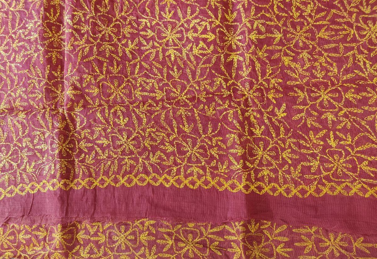 Pink Hand Embroidered Tepchi work Chikankari Lakhnavi Kota Cotton Saree CK48 - Ethnic's By Anvi Creations
