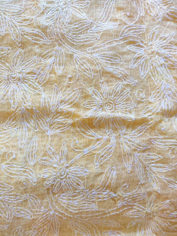 Light Yellow Hand Embroidered Tepchi work Chikankari Lakhnavi Kota Cotton Saree CK50 - Ethnic's By Anvi Creations