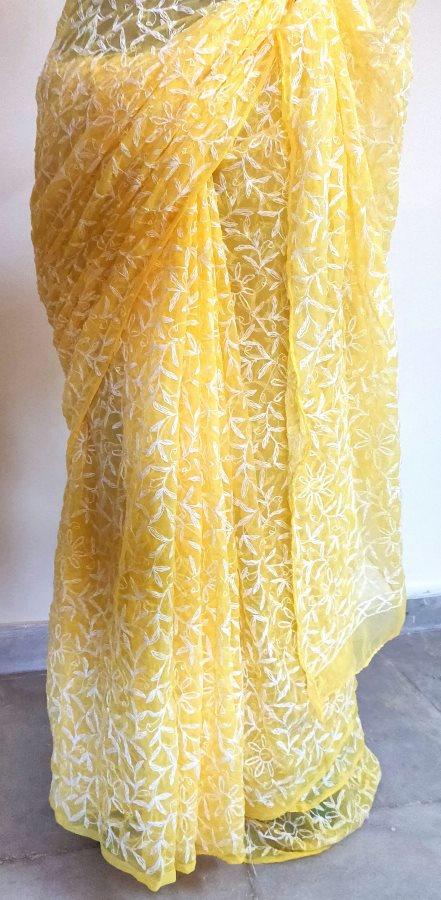 Yellow Tepchi Chikankari Chiffon Saree CK55 - Ethnic's By Anvi Creations