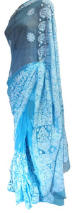 Hand Embroidered Heavy Chikankari Sky Blue Chiffon Saree CK75 - Ethnic's By Anvi Creations