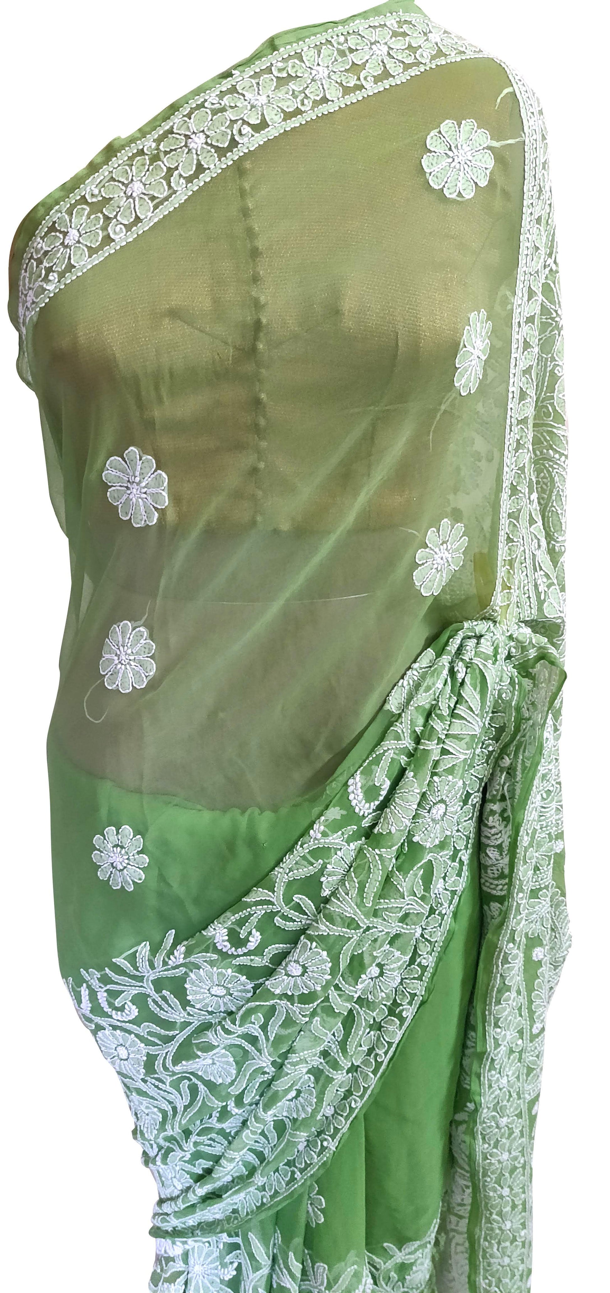 Hand Embroidered Heavy Chikankari Green Chiffon Saree CK76 - Ethnic's By Anvi Creations