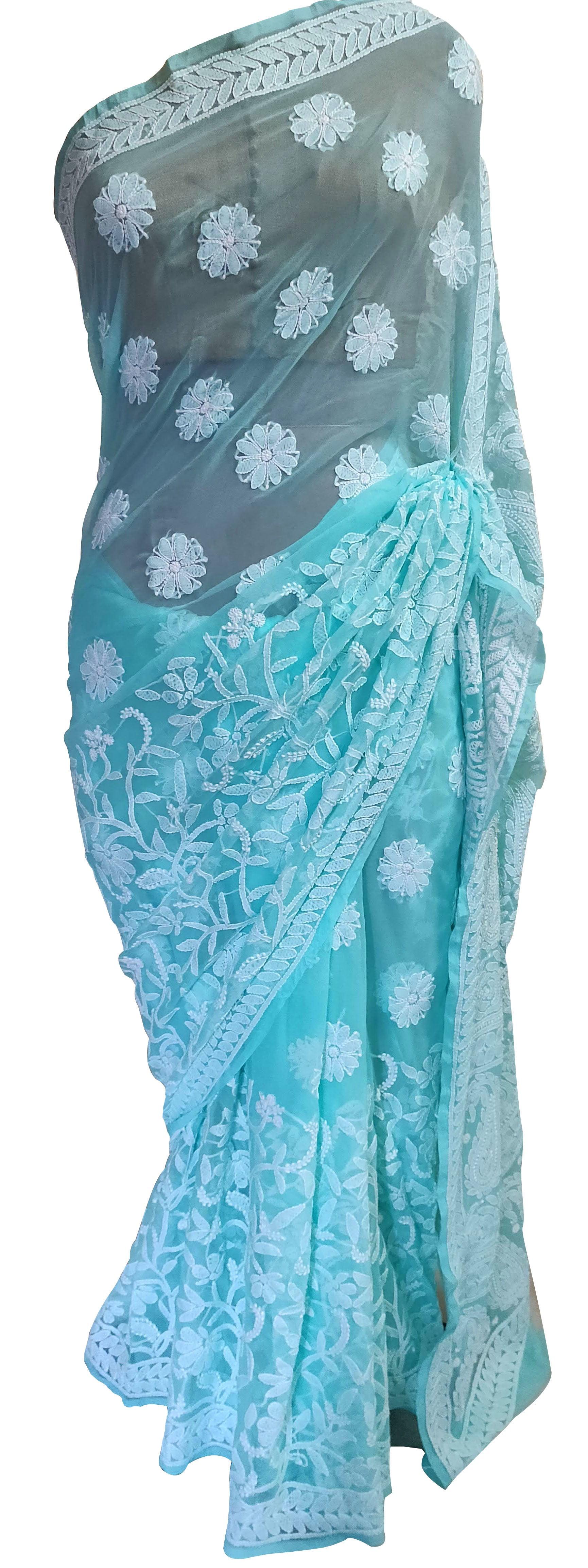 Hand Embroidered Heavy Chikankari Turquoise Pastel Chiffon Saree CK77 - Ethnic's By Anvi Creations